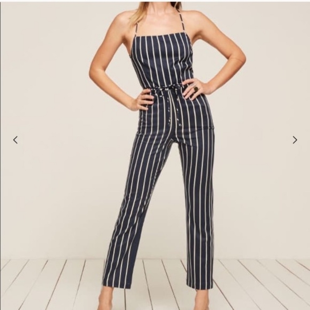 Reformation Navy Striped Jumpsuit - Size 2